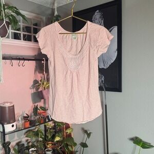 Lucky Brand Women's Striped Short Sleeve‎ Top Peach Cream Casual s